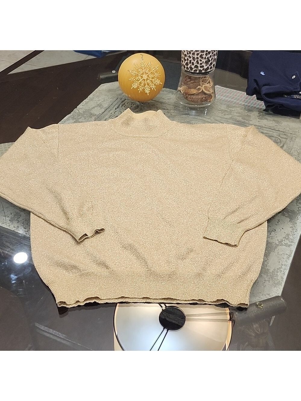 Women's gold metallic high neck turtle neck comfy medium cotton blend sweater